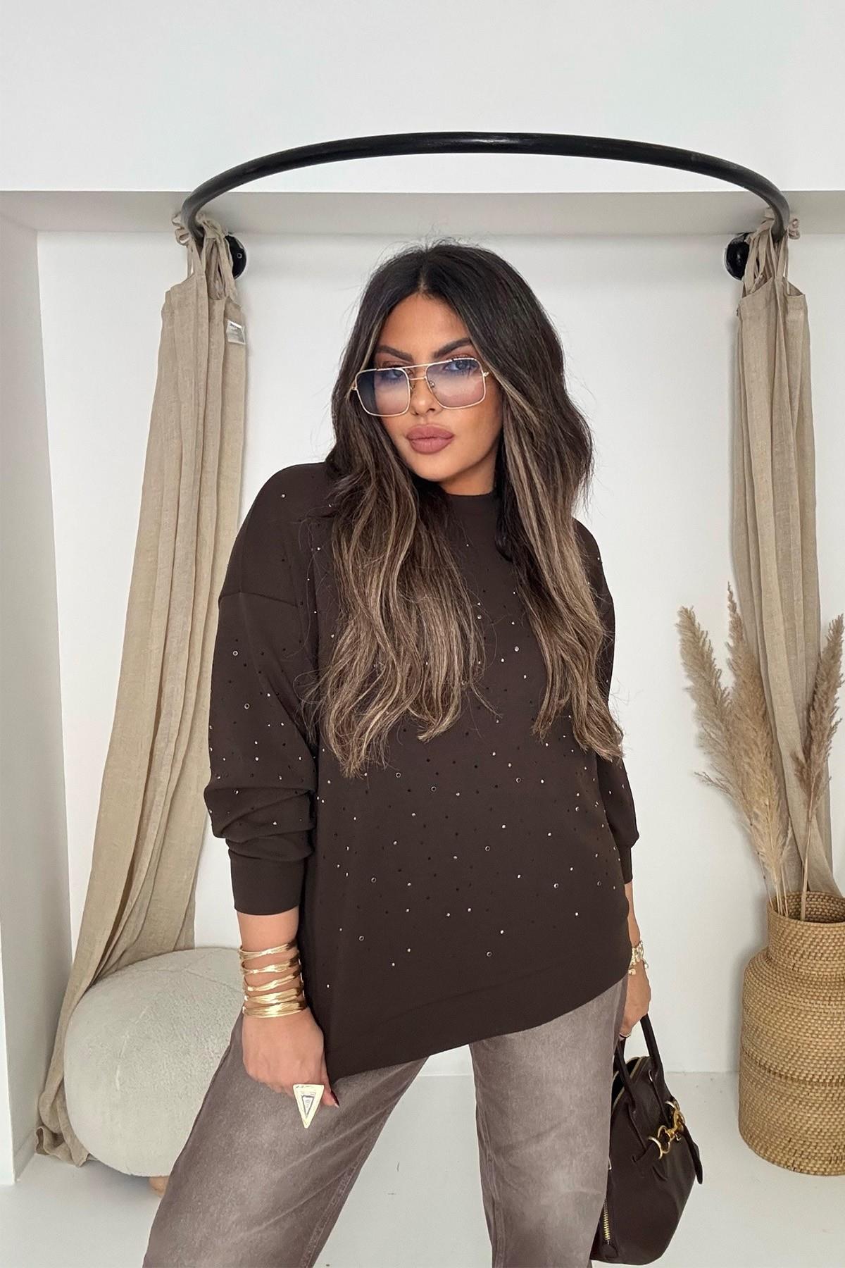 Marka Model Taşlı Modal Sweatshirt Acı Kahve