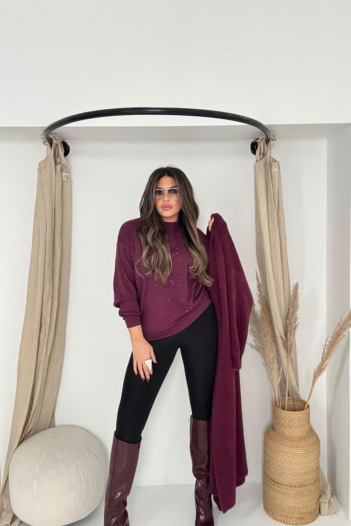 Marka Model Taşlı Modal Sweatshirt Bordo