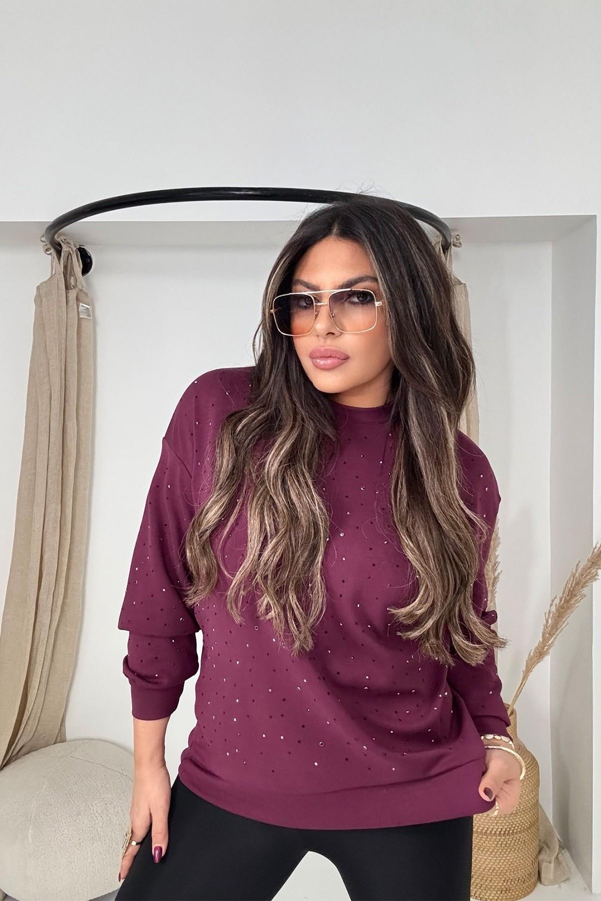 Marka Model Taşlı Modal Sweatshirt Bordo