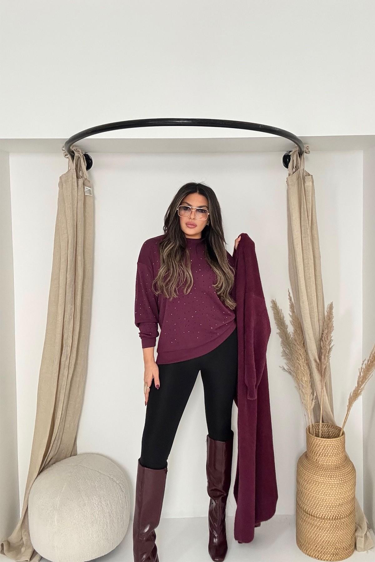 Marka Model Taşlı Modal Sweatshirt Bordo