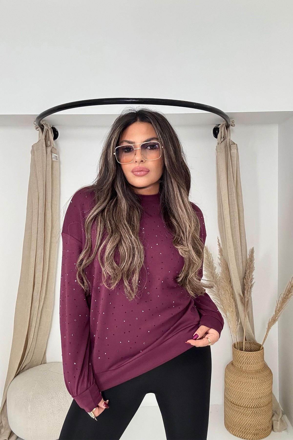 Marka Model Taşlı Modal Sweatshirt Bordo