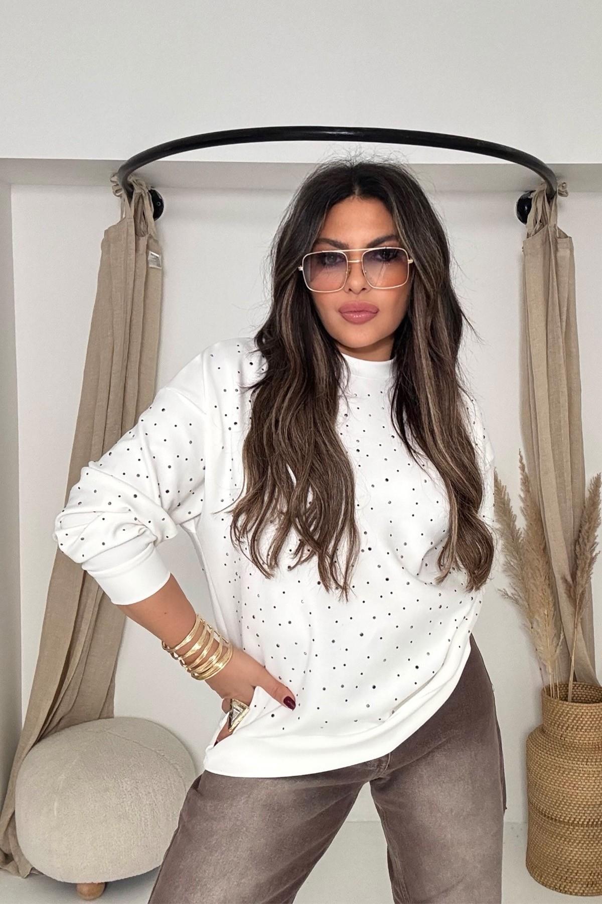 Marka Model Taşlı Modal Sweatshirt Ekru