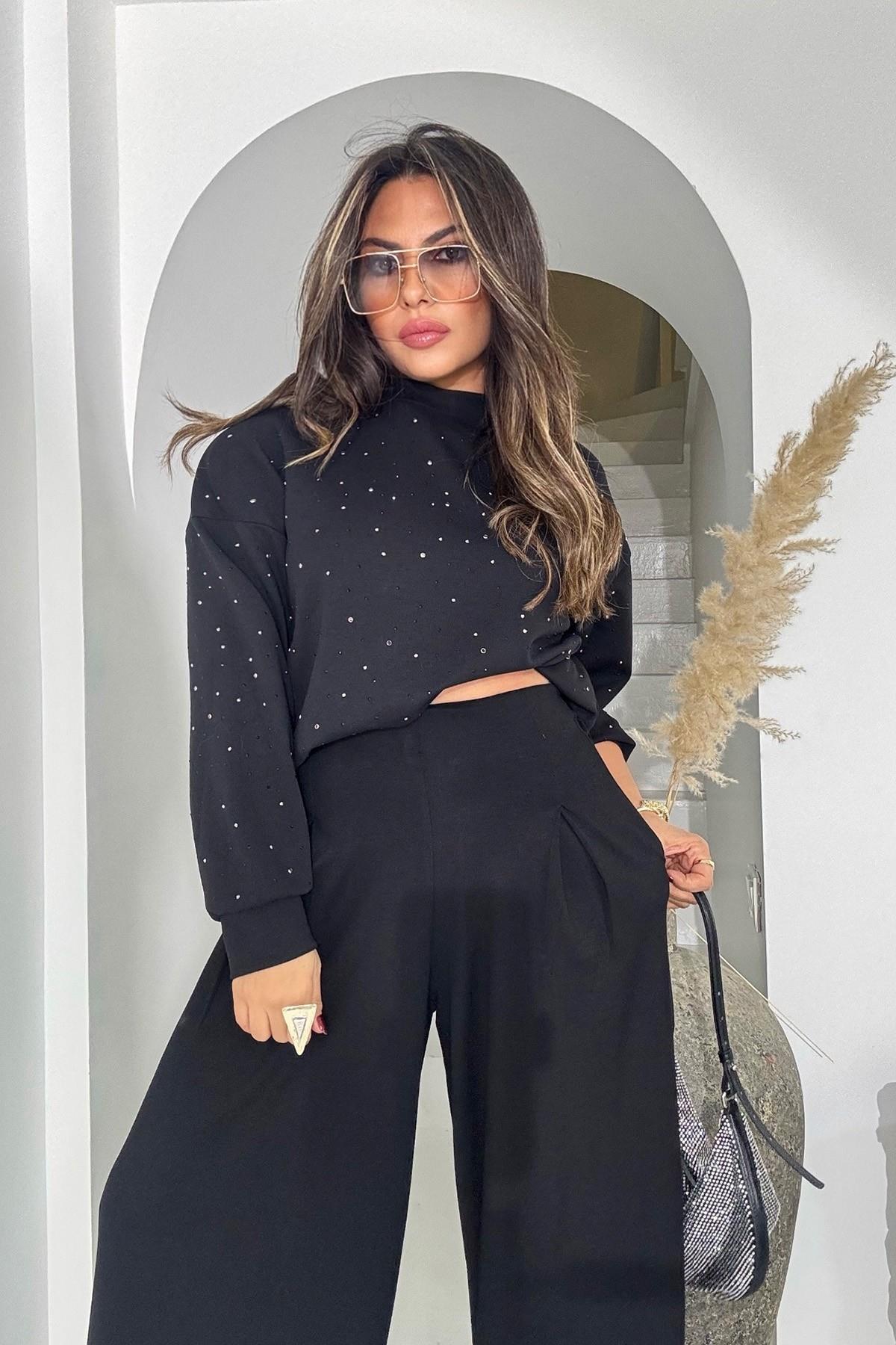 Marka Model Taşlı Modal Sweatshirt Siyah