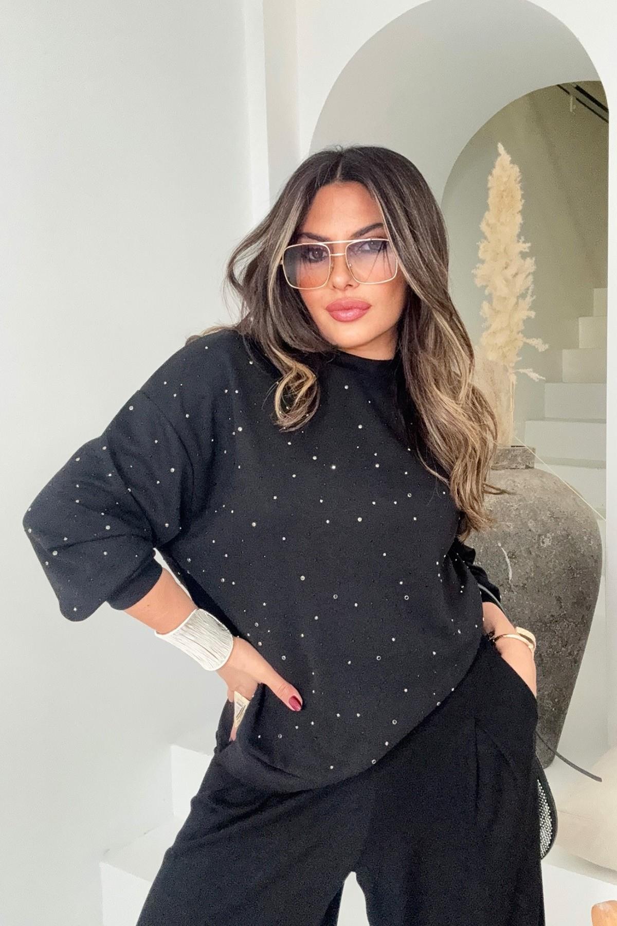 Marka Model Taşlı Modal Sweatshirt Siyah