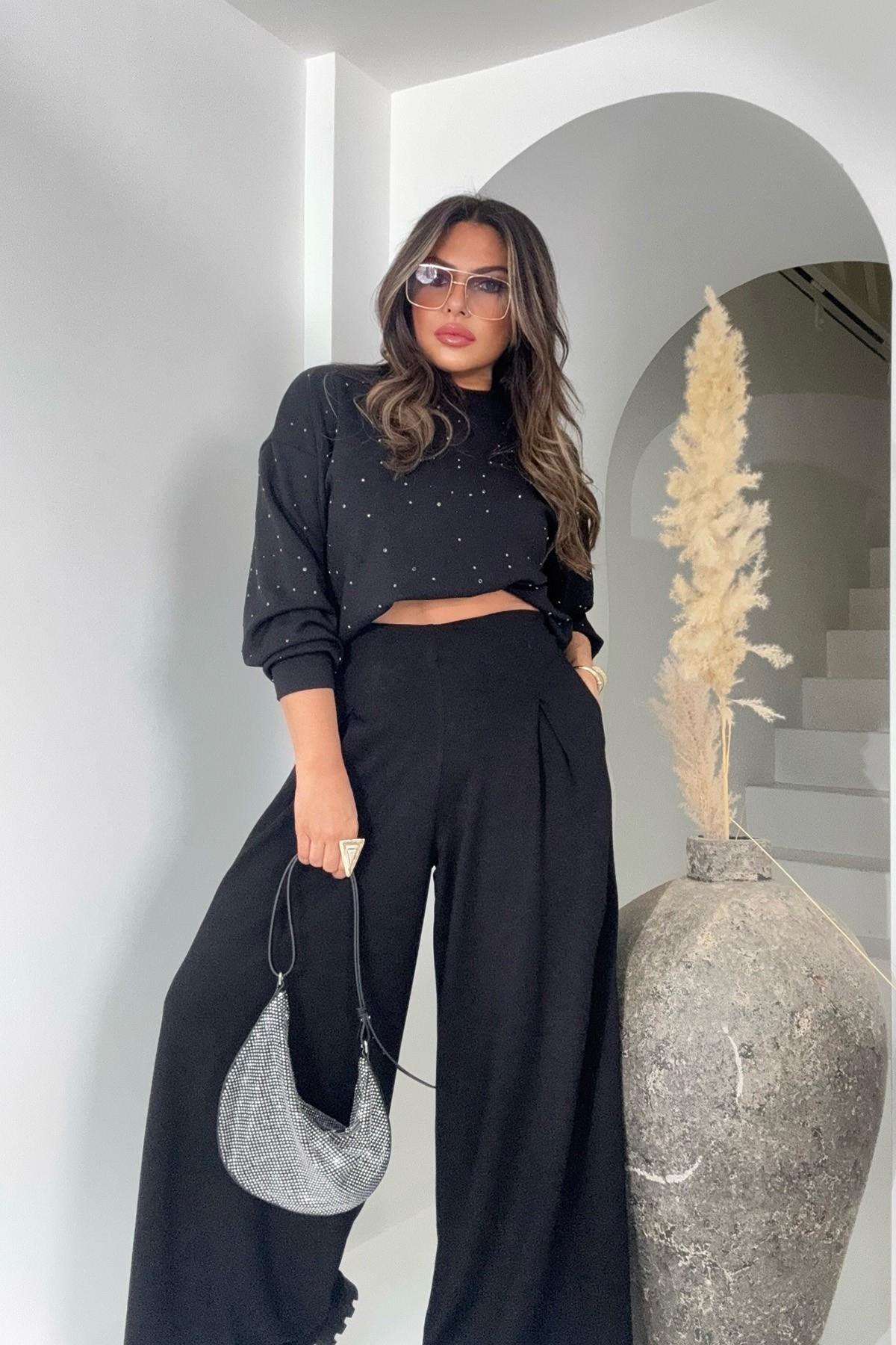 Marka Model Taşlı Modal Sweatshirt Siyah