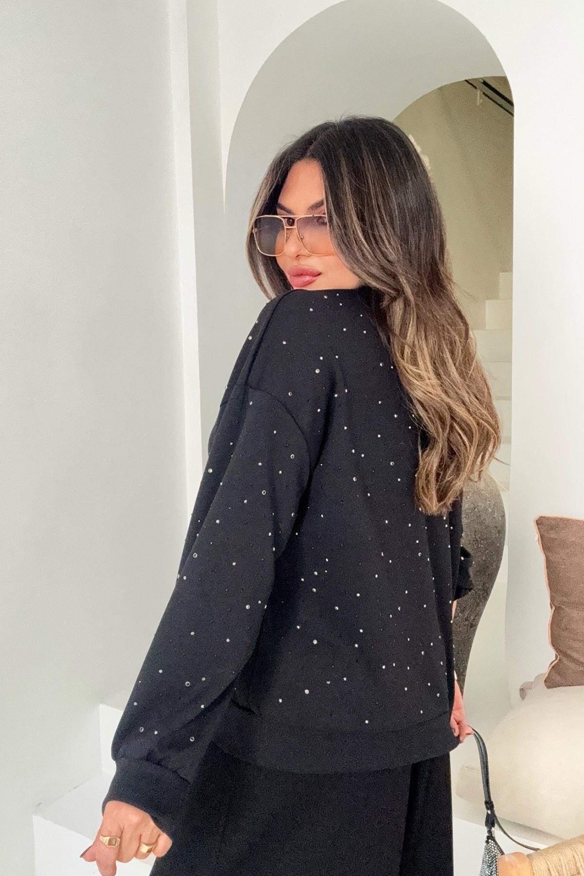 Marka Model Taşlı Modal Sweatshirt Siyah