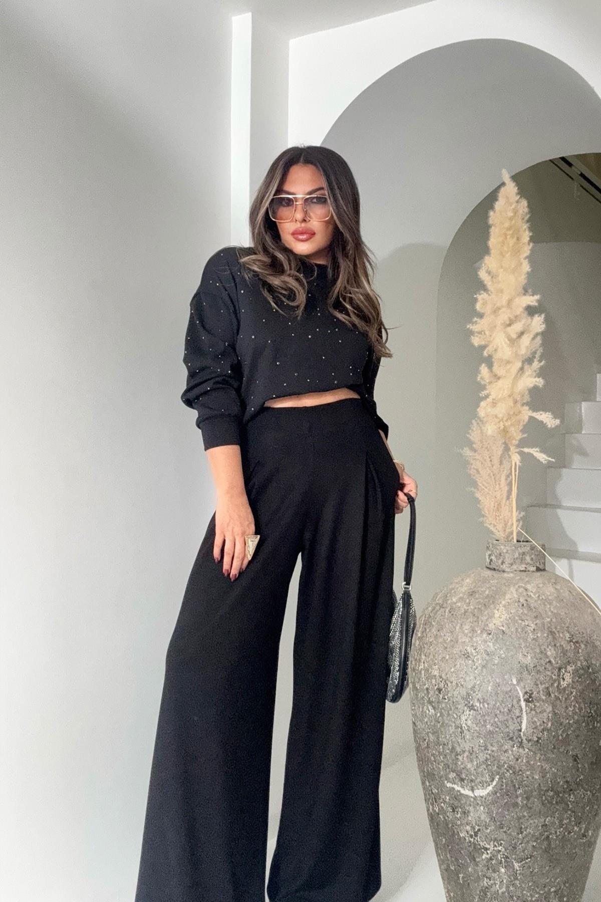 Marka Model Taşlı Modal Sweatshirt Siyah