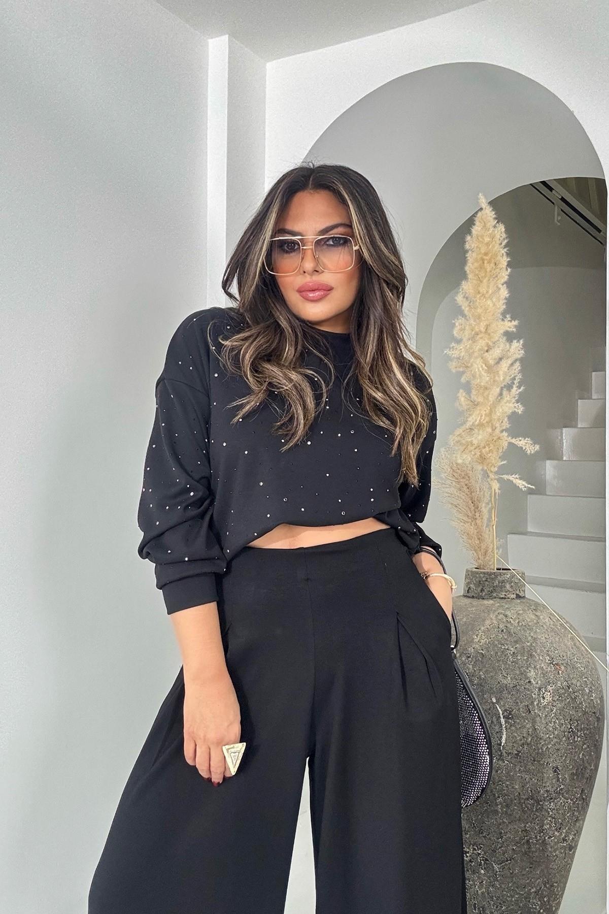 Marka Model Taşlı Modal Sweatshirt Siyah