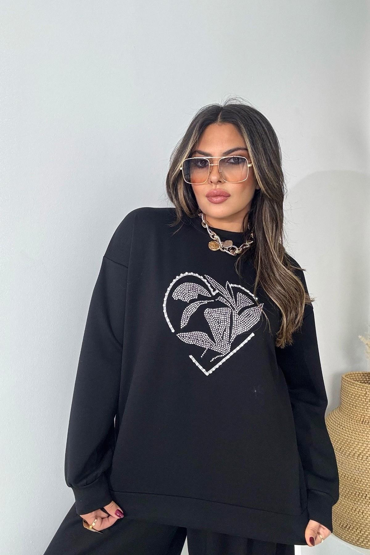 Marka Model Taşlı Yaprak Desen Sweatshirt Siyah