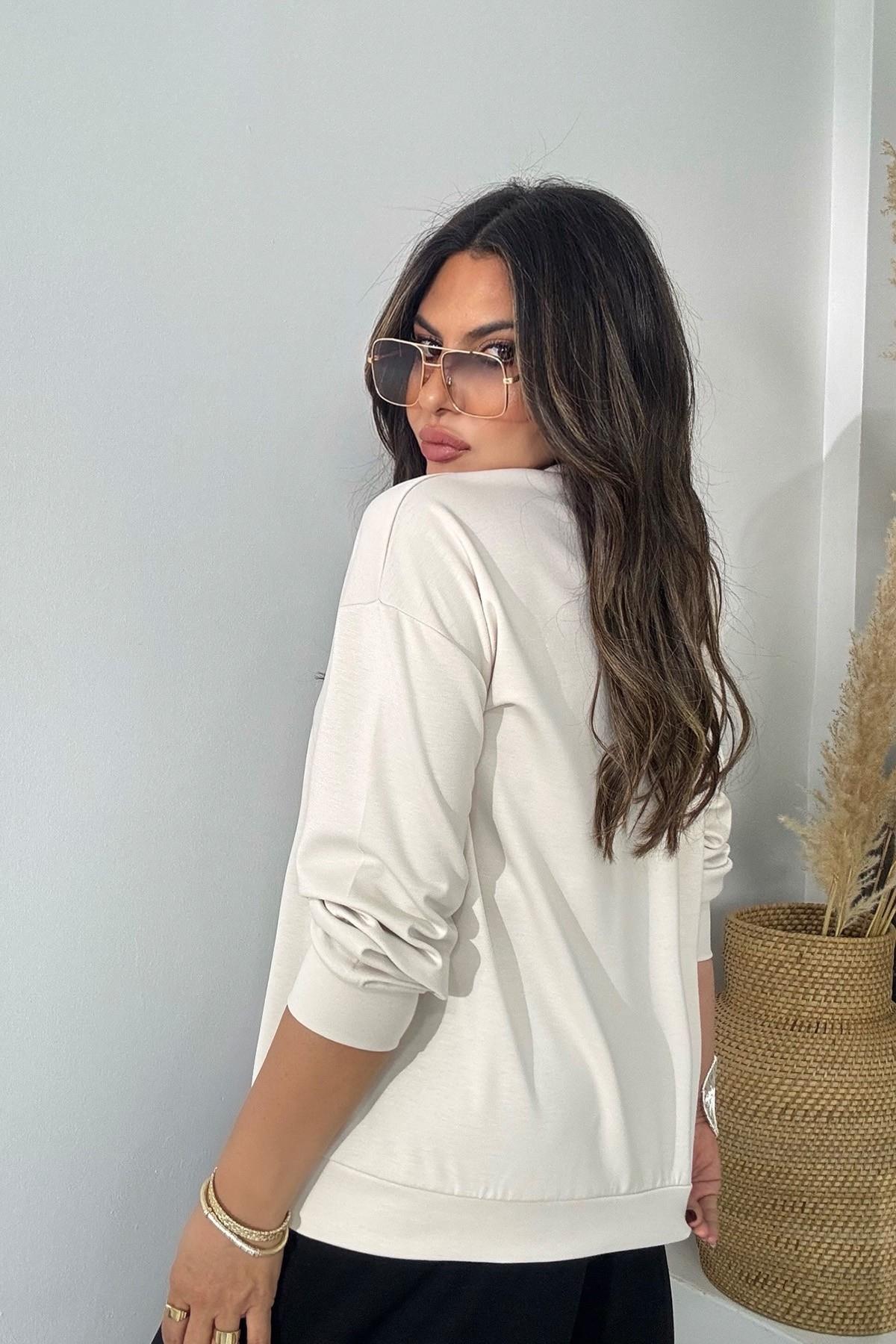 Marka Model Taşlı Yaprak Desen Sweatshirt Bej
