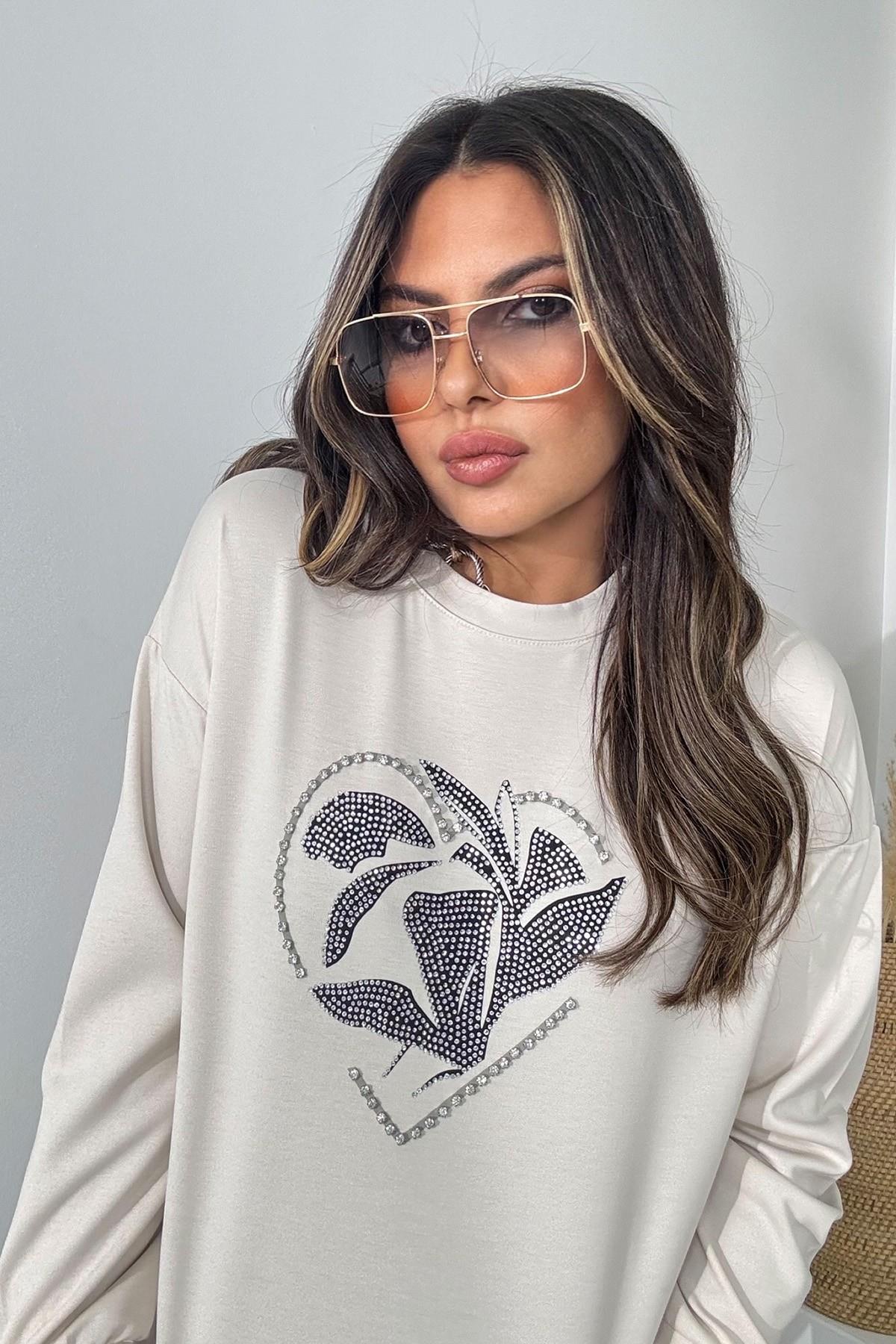 Marka Model Taşlı Yaprak Desen Sweatshirt Bej
