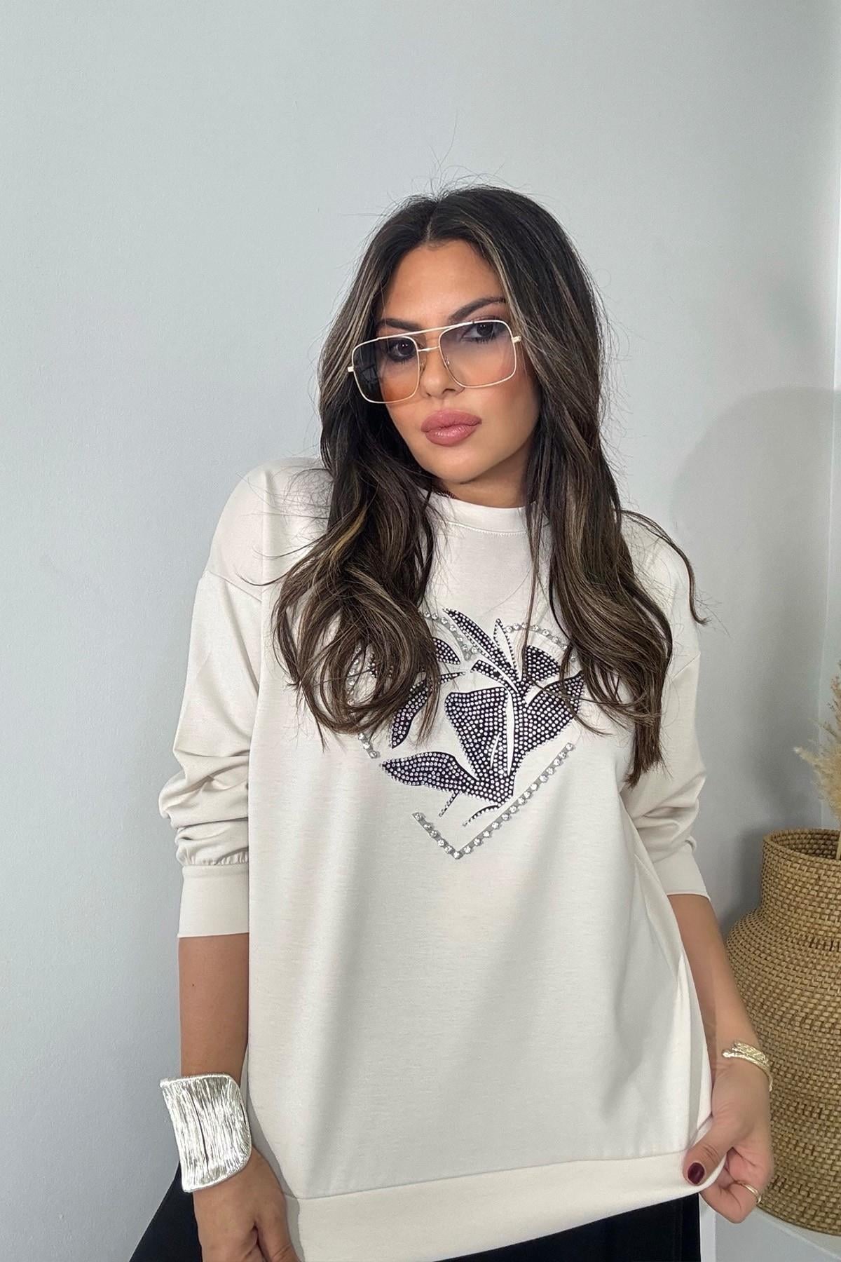 Marka Model Taşlı Yaprak Desen Sweatshirt Bej