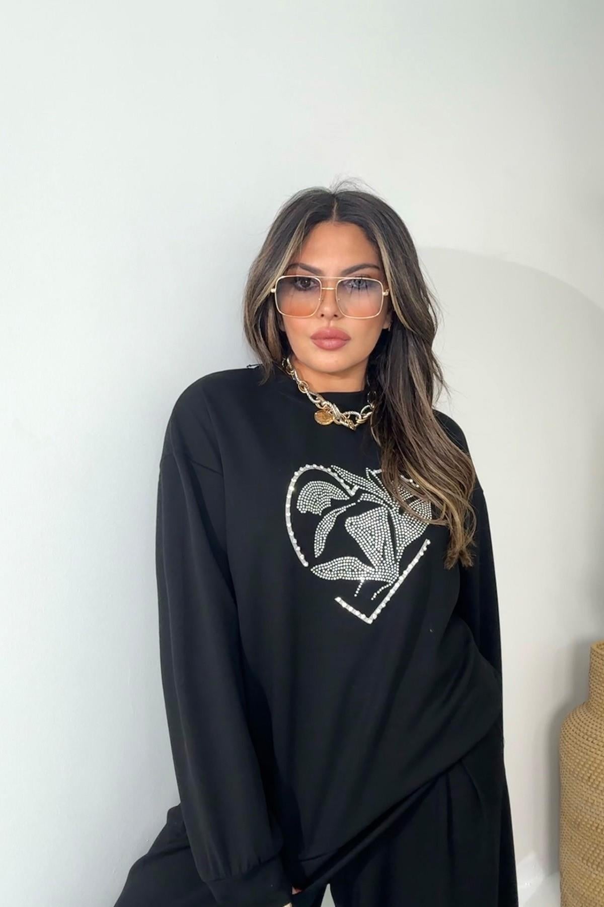 Marka Model Taşlı Yaprak Desen Sweatshirt Siyah