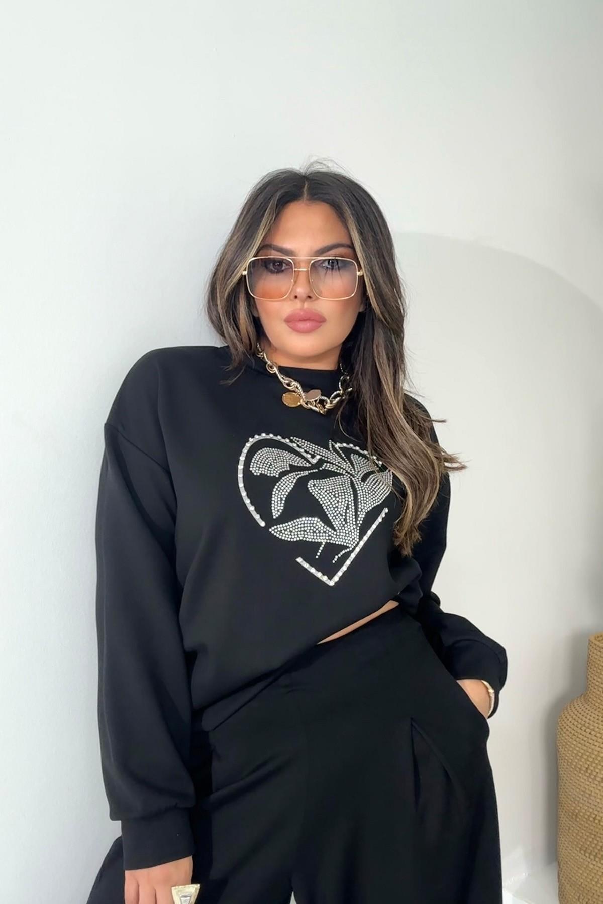 Marka Model Taşlı Yaprak Desen Sweatshirt Siyah