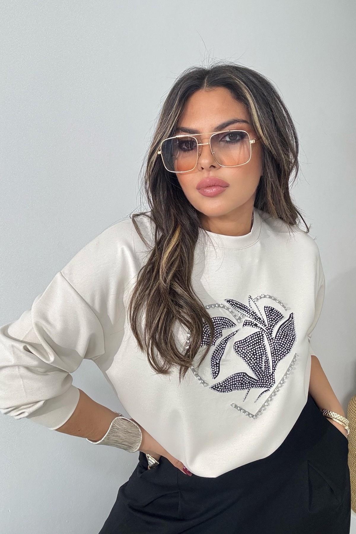 Marka Model Taşlı Yaprak Desen Sweatshirt Bej