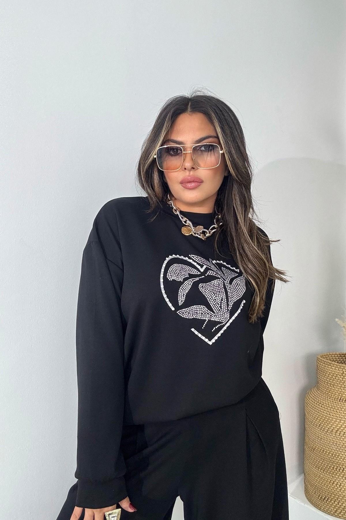 Marka Model Taşlı Yaprak Desen Sweatshirt Siyah