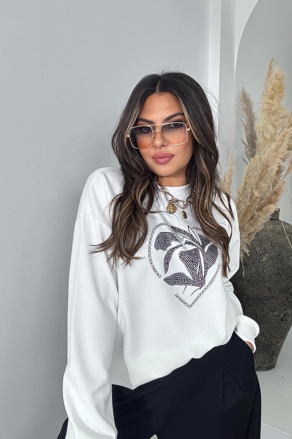 Marka Model Taşlı Yaprak Desen Sweatshirt Ekru