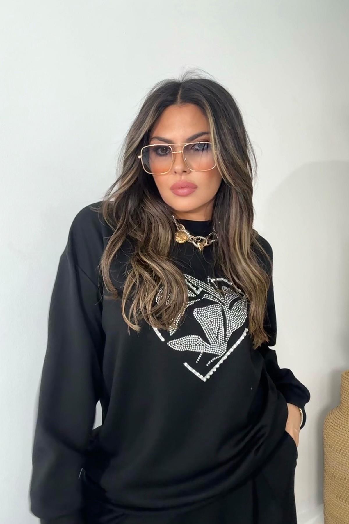 Marka Model Taşlı Yaprak Desen Sweatshirt Siyah