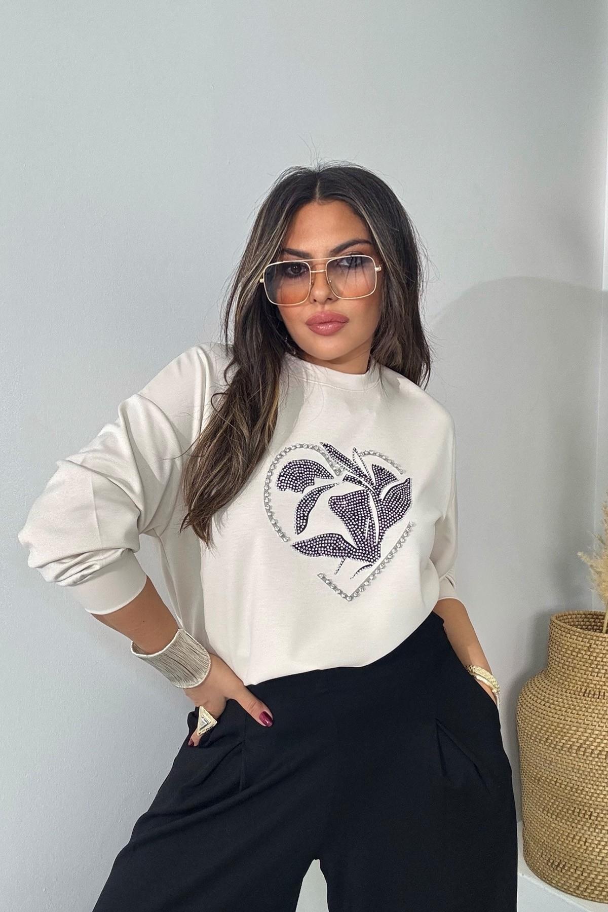 Marka Model Taşlı Yaprak Desen Sweatshirt Bej