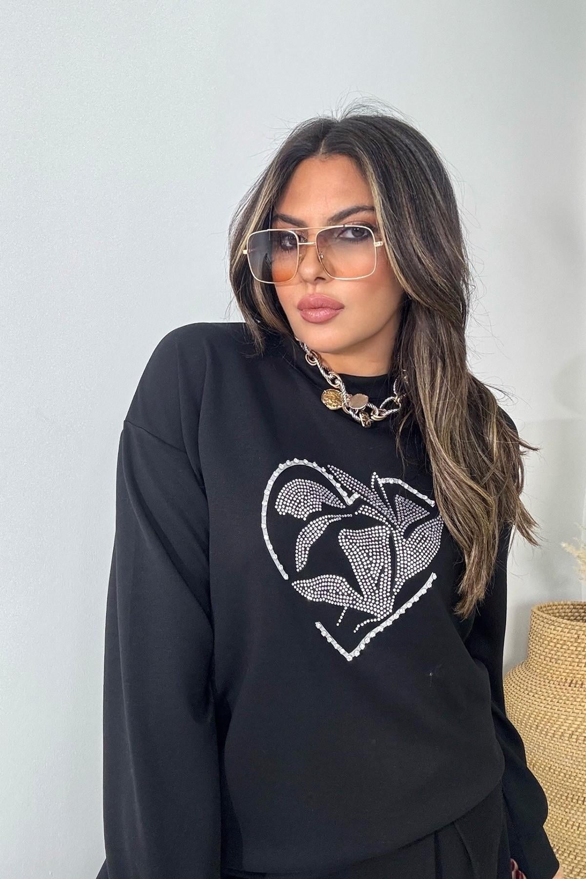 Marka Model Taşlı Yaprak Desen Sweatshirt Siyah