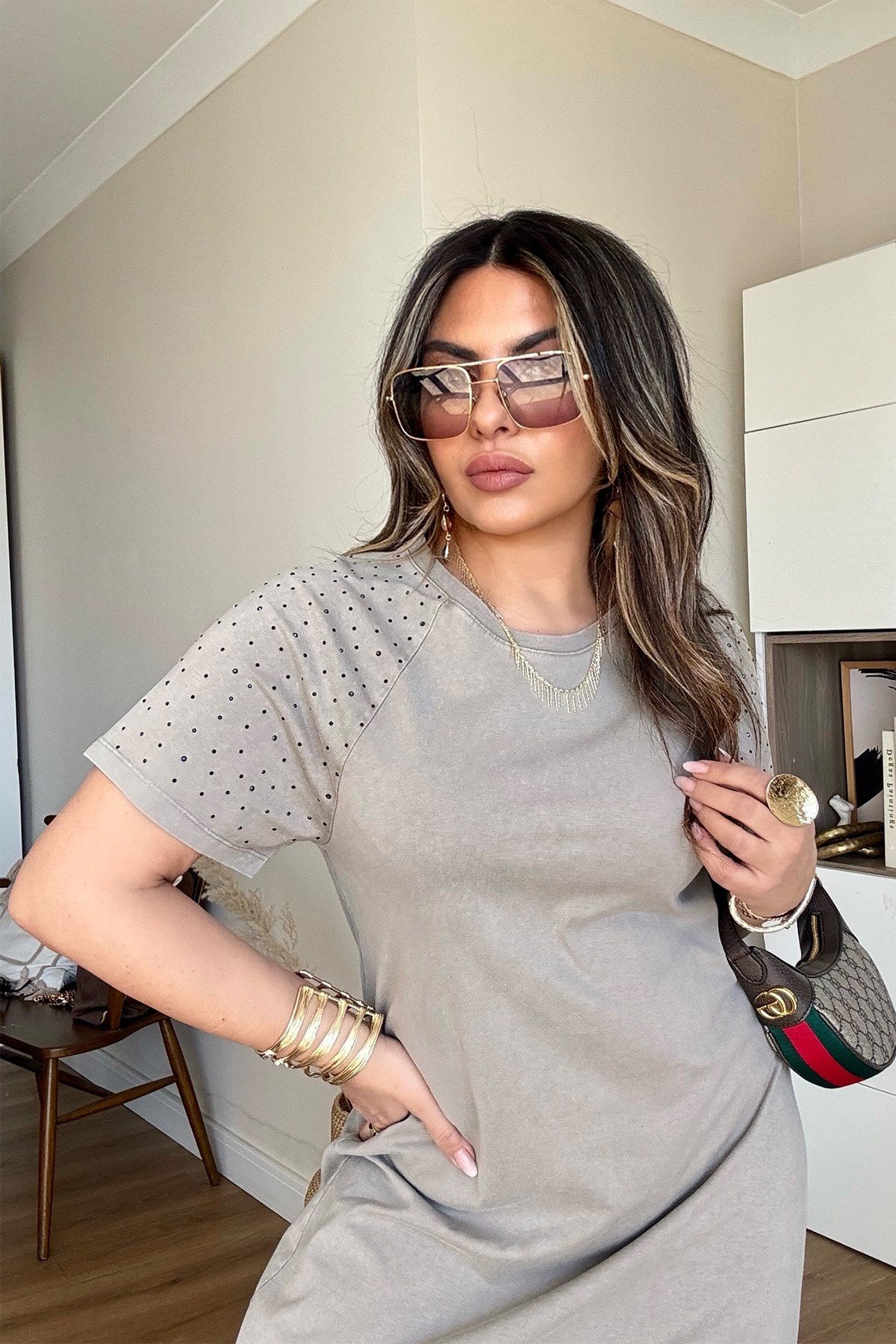 Marka Model Taşlı Yıkamalı Pamuk Elbise Vizon