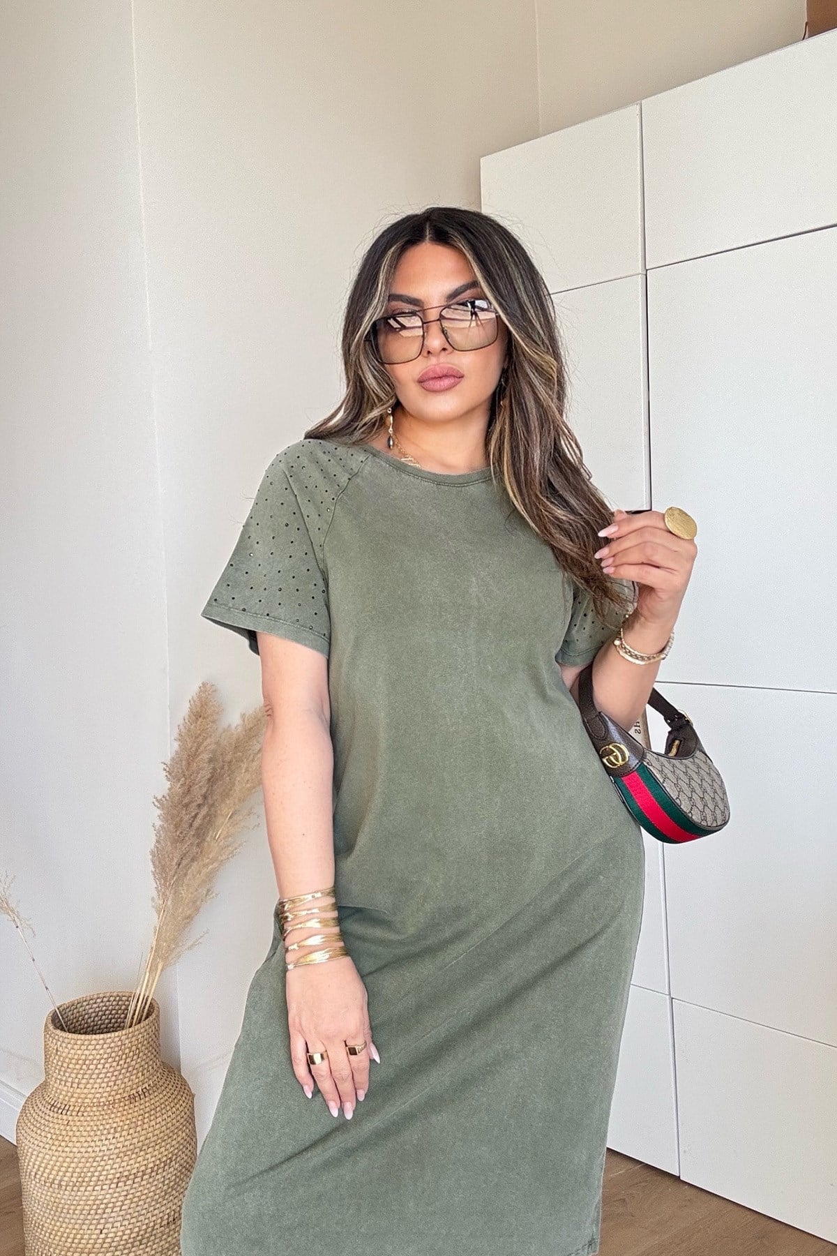 Marka Model Taşlı Yıkamalı Pamuk Elbise Haki