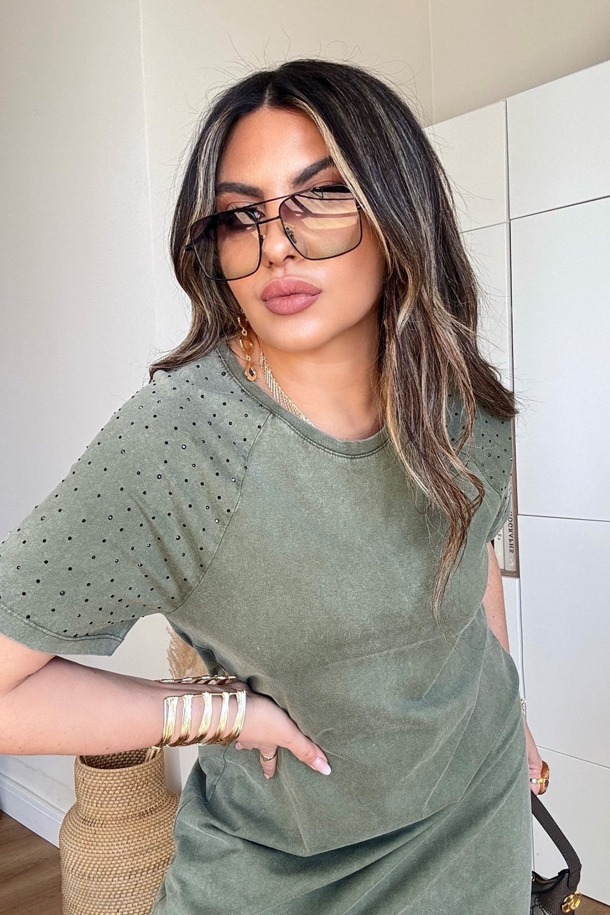 Marka Model Taşlı Yıkamalı Pamuk Elbise Haki