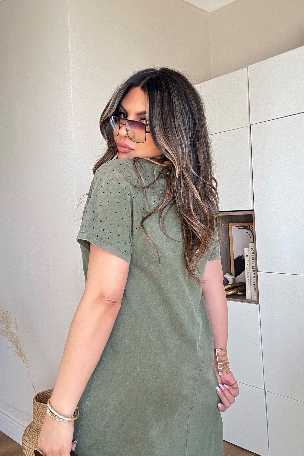 Marka Model Taşlı Yıkamalı Pamuk Elbise Haki