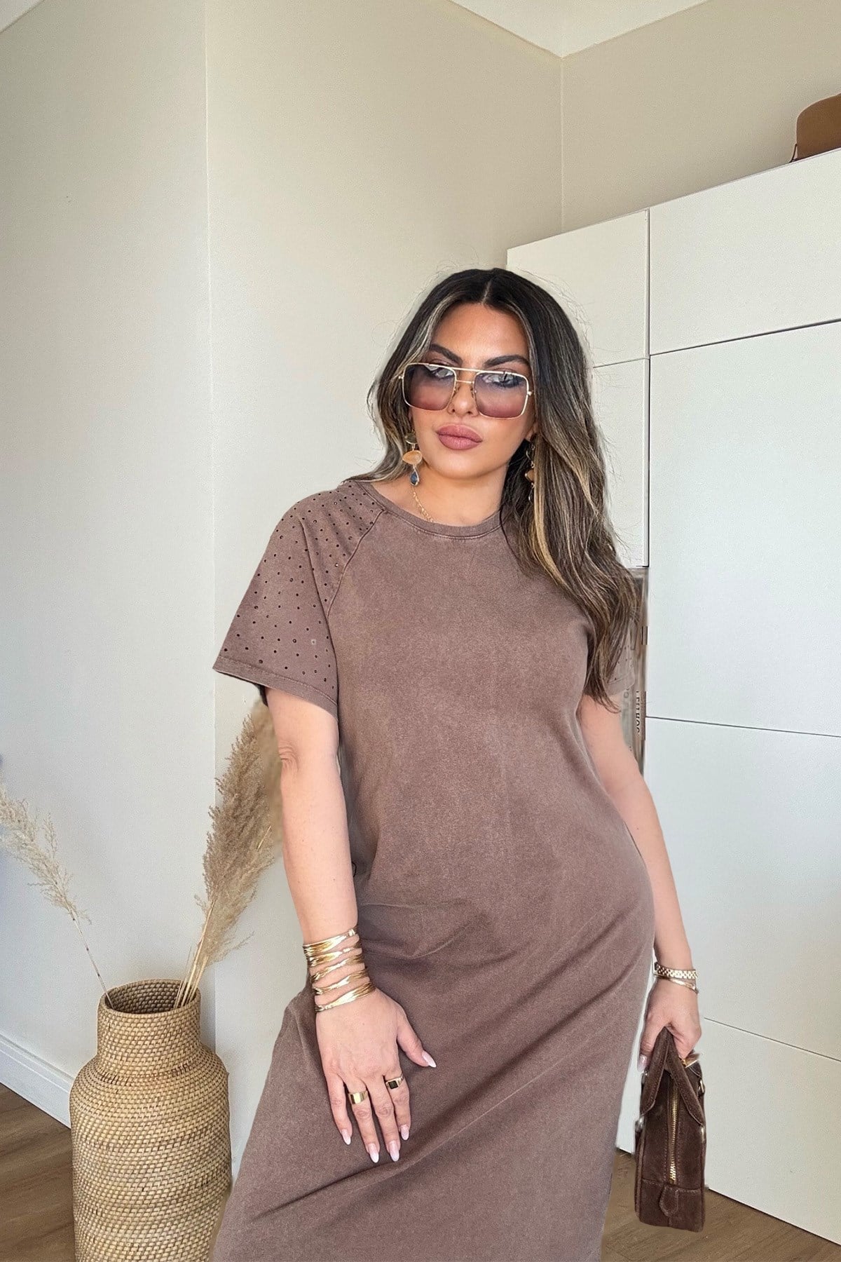Marka Model Taşlı Yıkamalı Pamuk Elbise Kahve