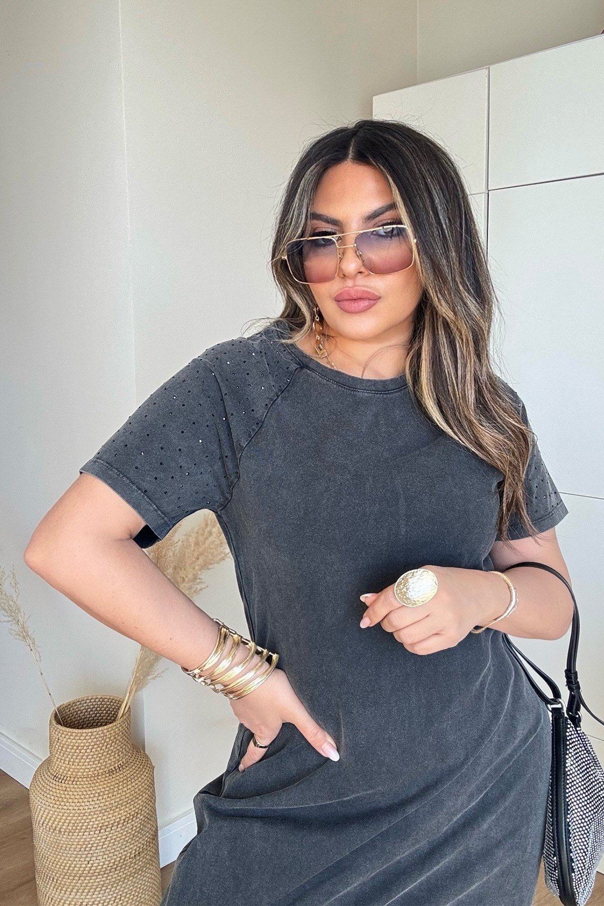 Marka Model Taşlı Yıkamalı Pamuk Elbise Antrasit