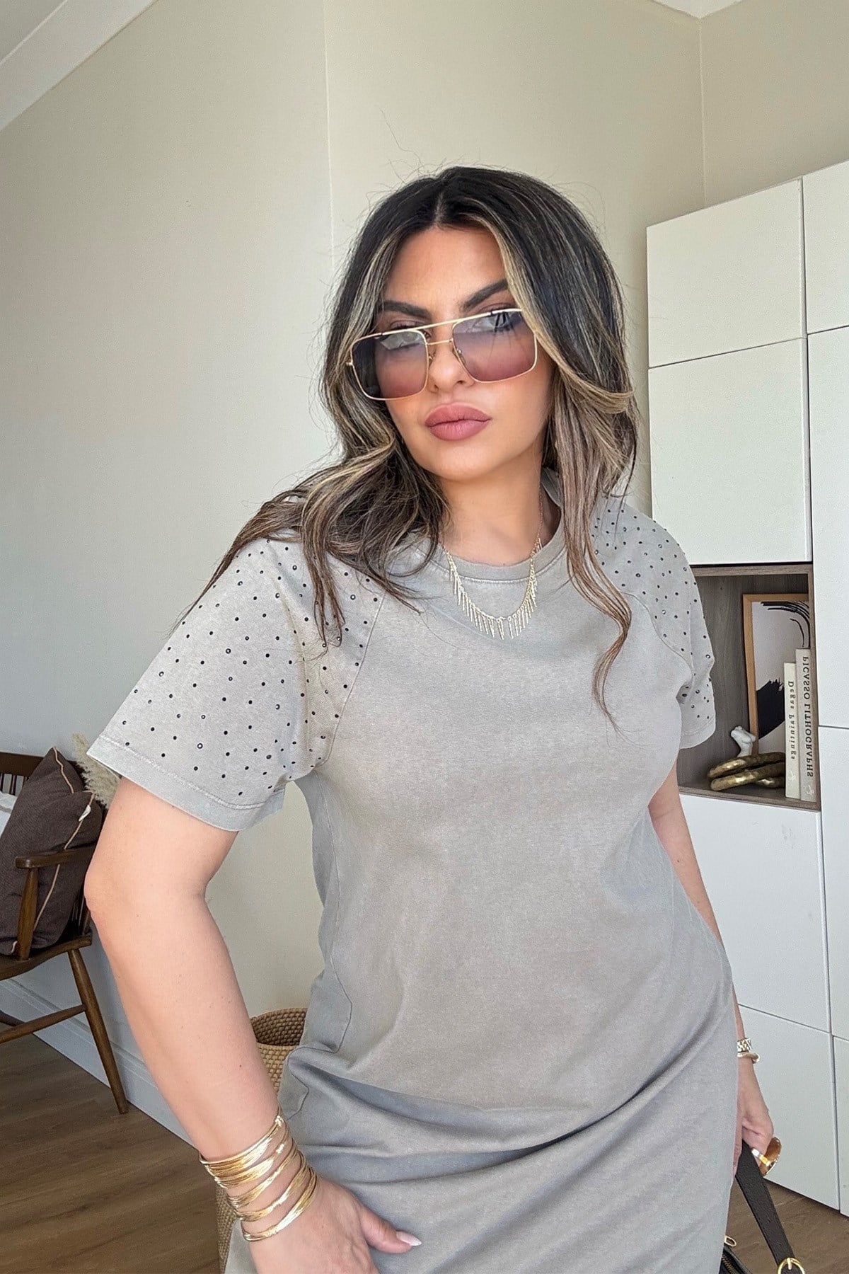 Marka Model Taşlı Yıkamalı Pamuk Elbise Vizon