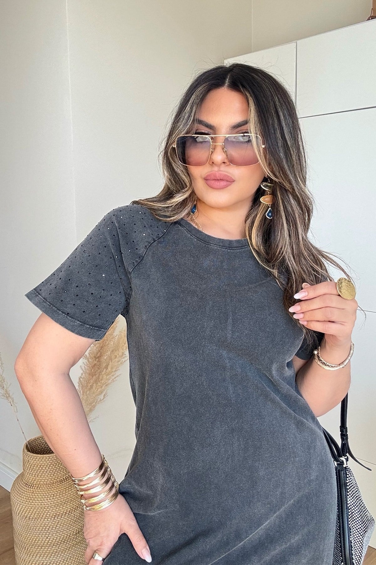 Marka Model Taşlı Yıkamalı Pamuk Elbise Antrasit