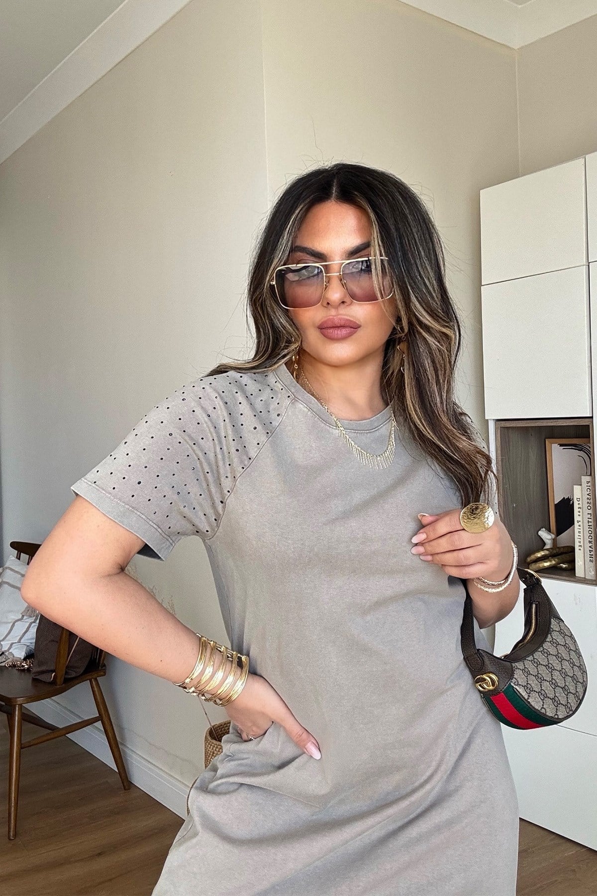 Marka Model Taşlı Yıkamalı Pamuk Elbise Vizon