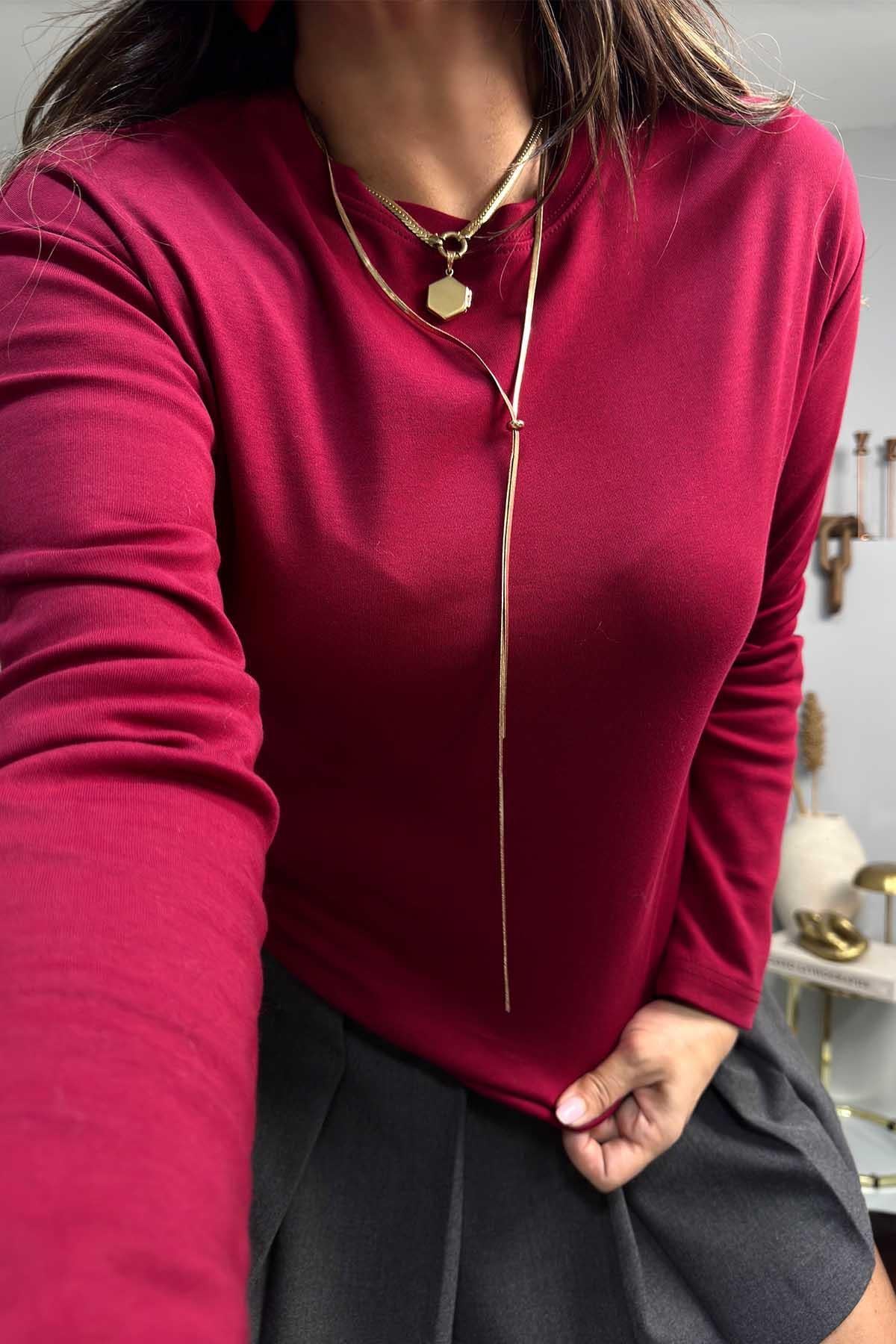 Mass Basic Uzun Kollu Tshirt Bordo