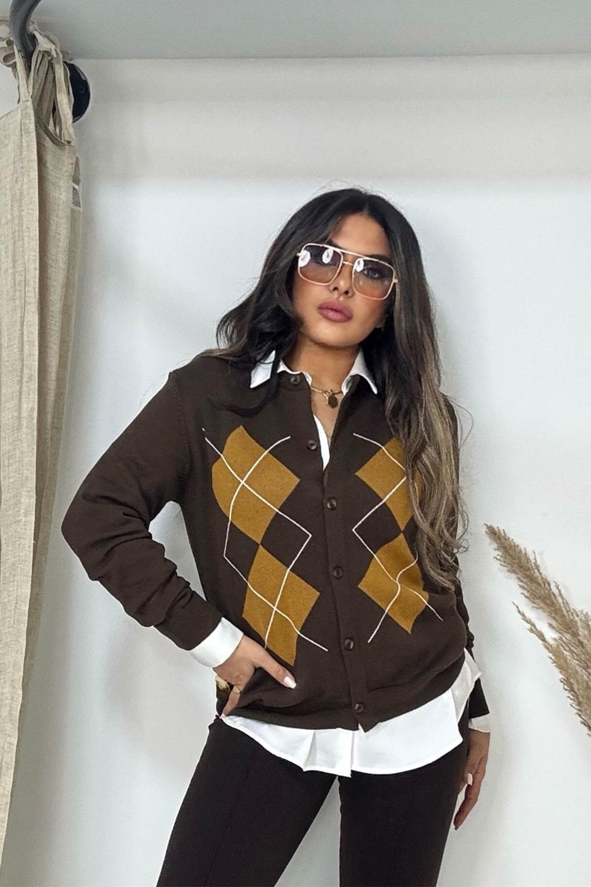 Massi Model Baklava Desen Hırka Acı Kahve
