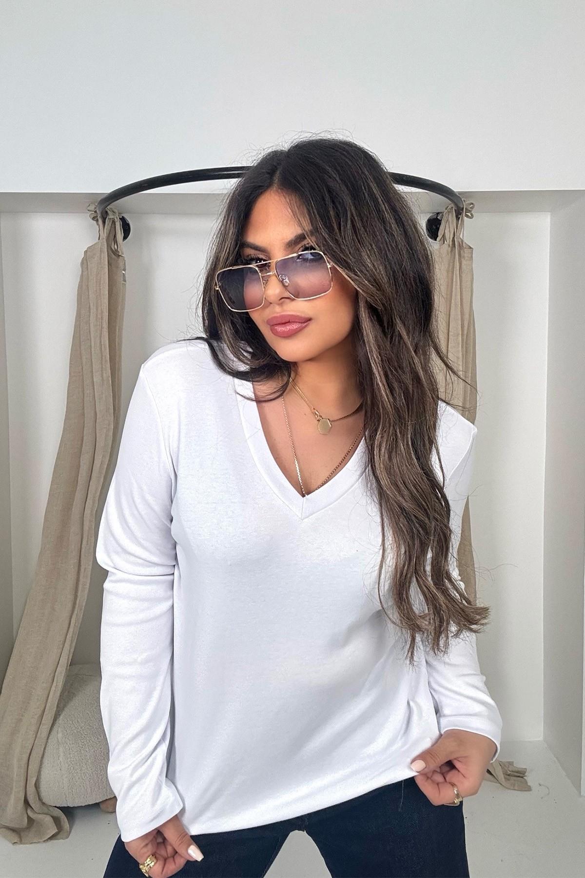 Massi Model V Yaka Uzun Kol Tshirt Beyaz