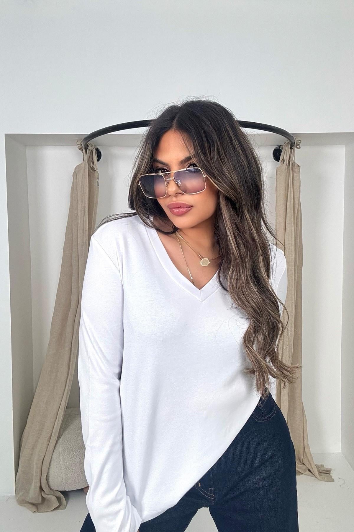 Massi Model V Yaka Uzun Kol Tshirt Beyaz