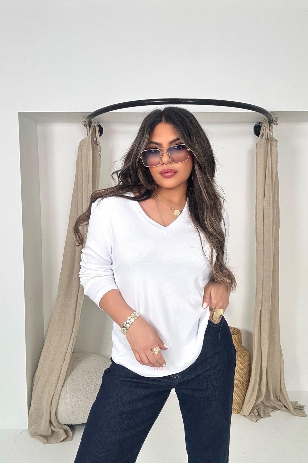 Massi Model V Yaka Uzun Kol Tshirt Beyaz