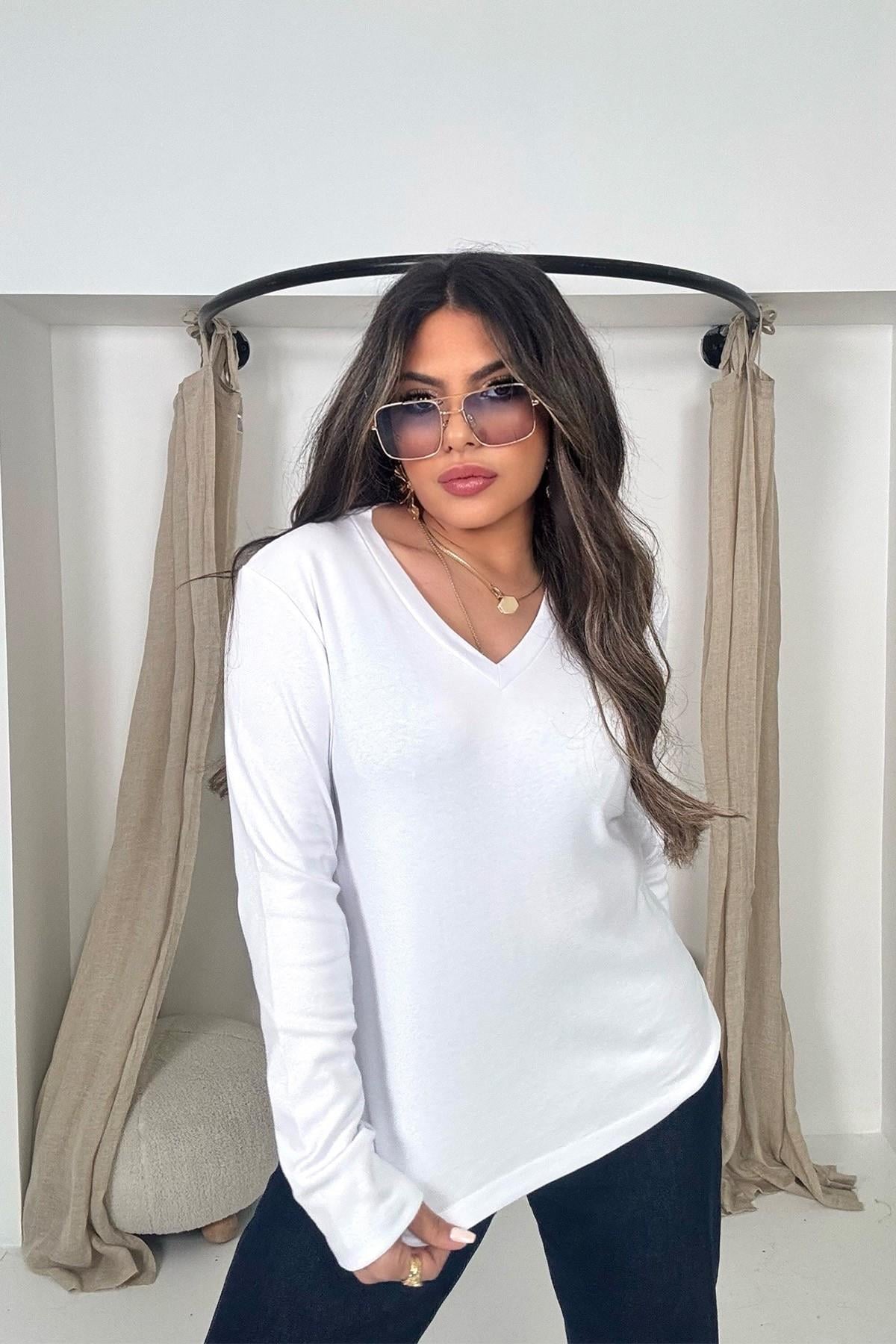 Massi Model V Yaka Uzun Kol Tshirt Beyaz