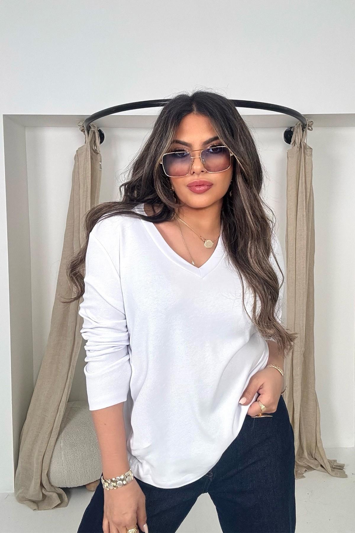Massi Model V Yaka Uzun Kol Tshirt Beyaz