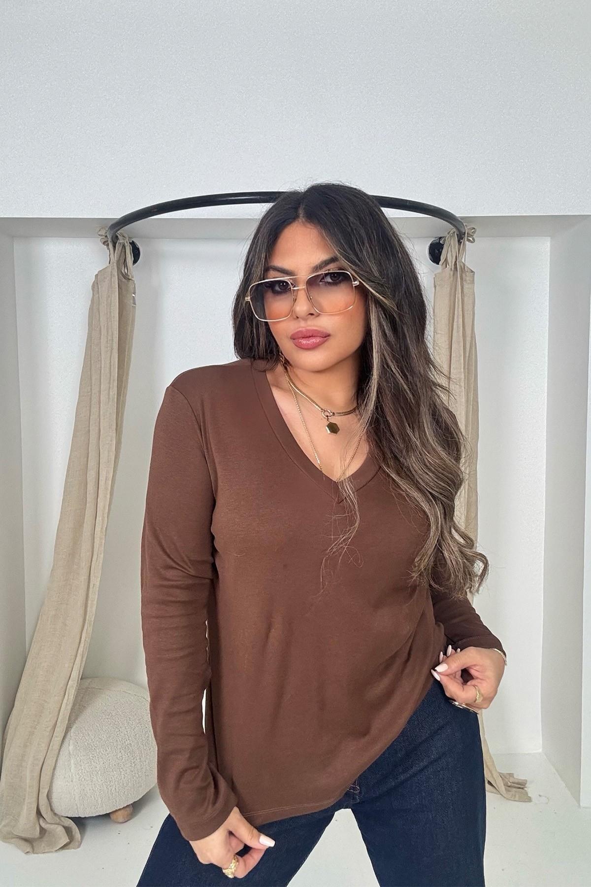 Massi Model V Yaka Uzun Kol Tshirt Kahve