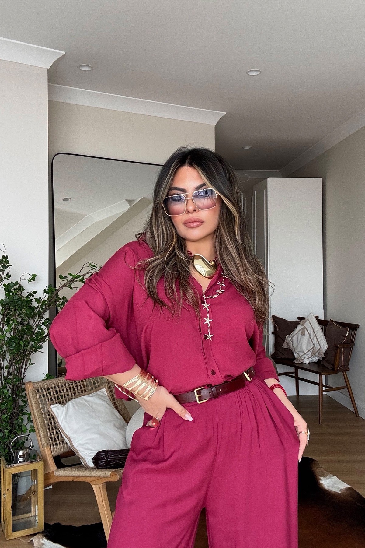 Massi Model Viskon Gömlek Pantolon Takım Vişne