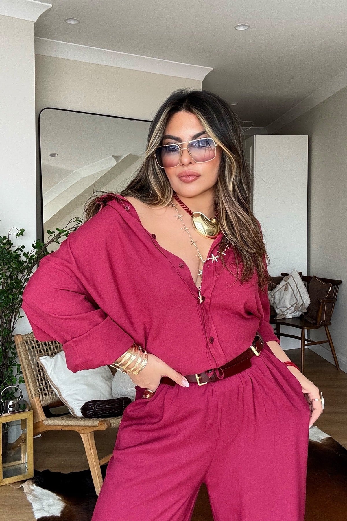 Massi Model Viskon Gömlek Pantolon Takım Vişne