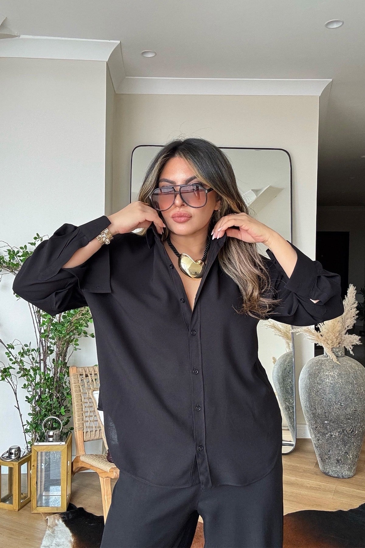 Massi Model Viskon Gömlek Pantolon Takım Siyah