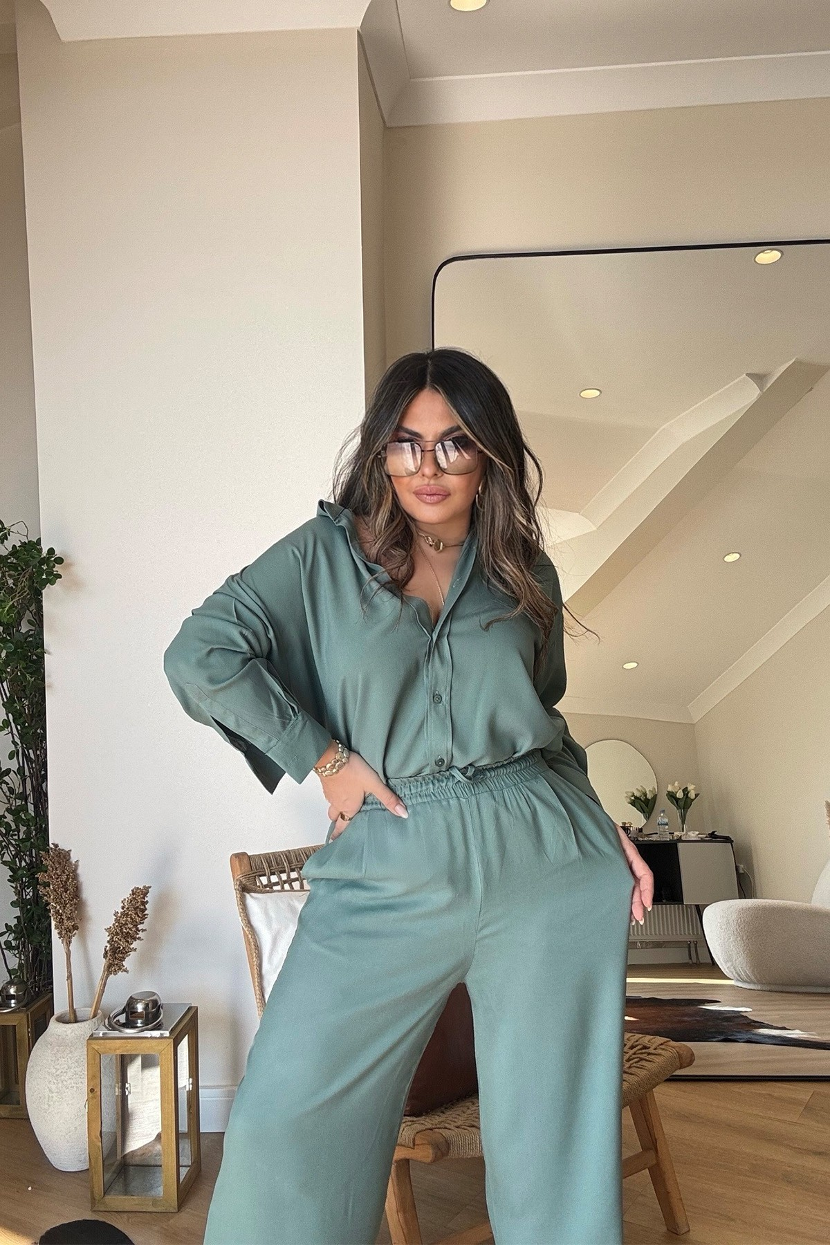 Massi Model Viskon Gömlek Pantolon Takım Haki