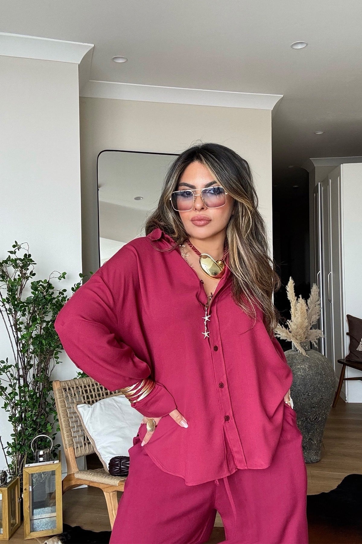 Massi Model Viskon Gömlek Pantolon Takım Vişne