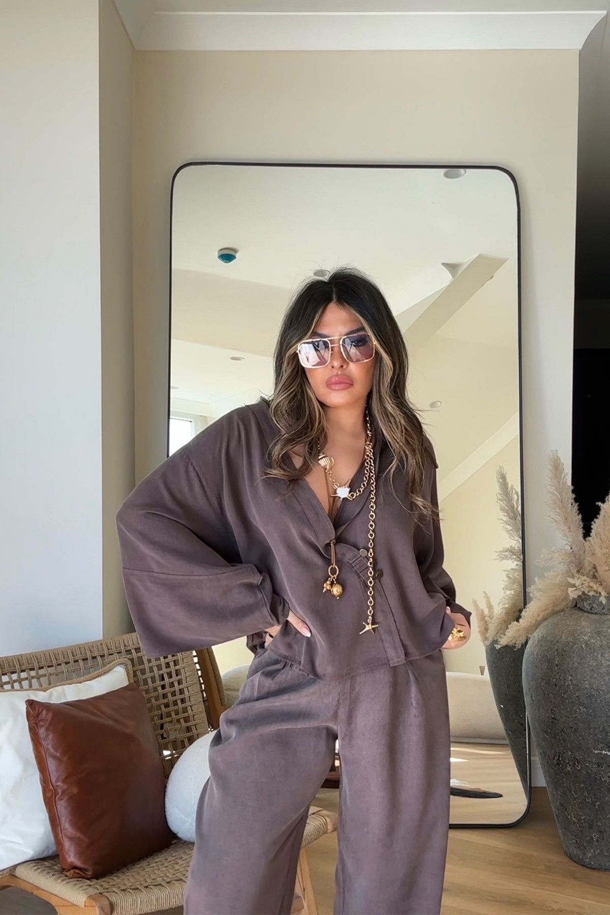 Massi Model Yıkamalı Kimono Model Takım Kahverengi