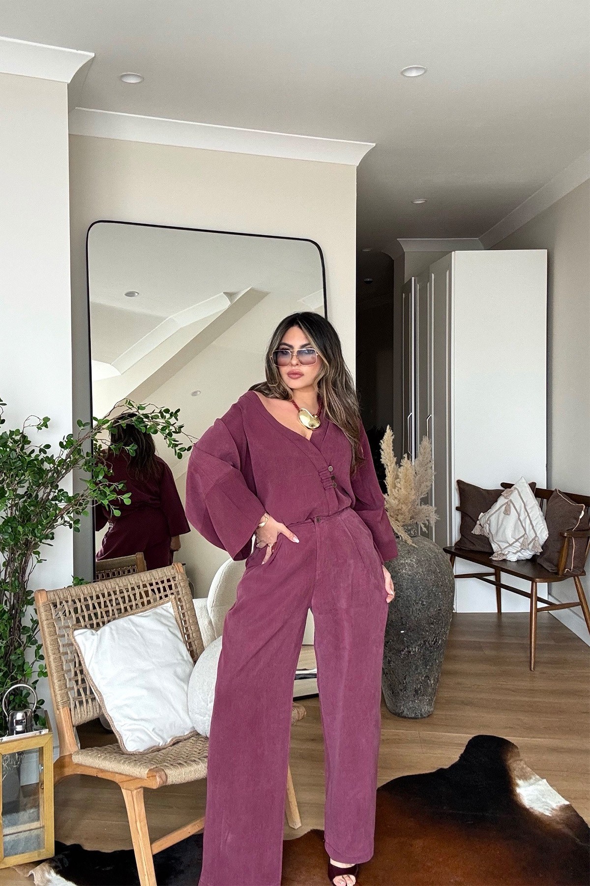 Massi Model Yıkamalı Kimono Model Takım Bordo