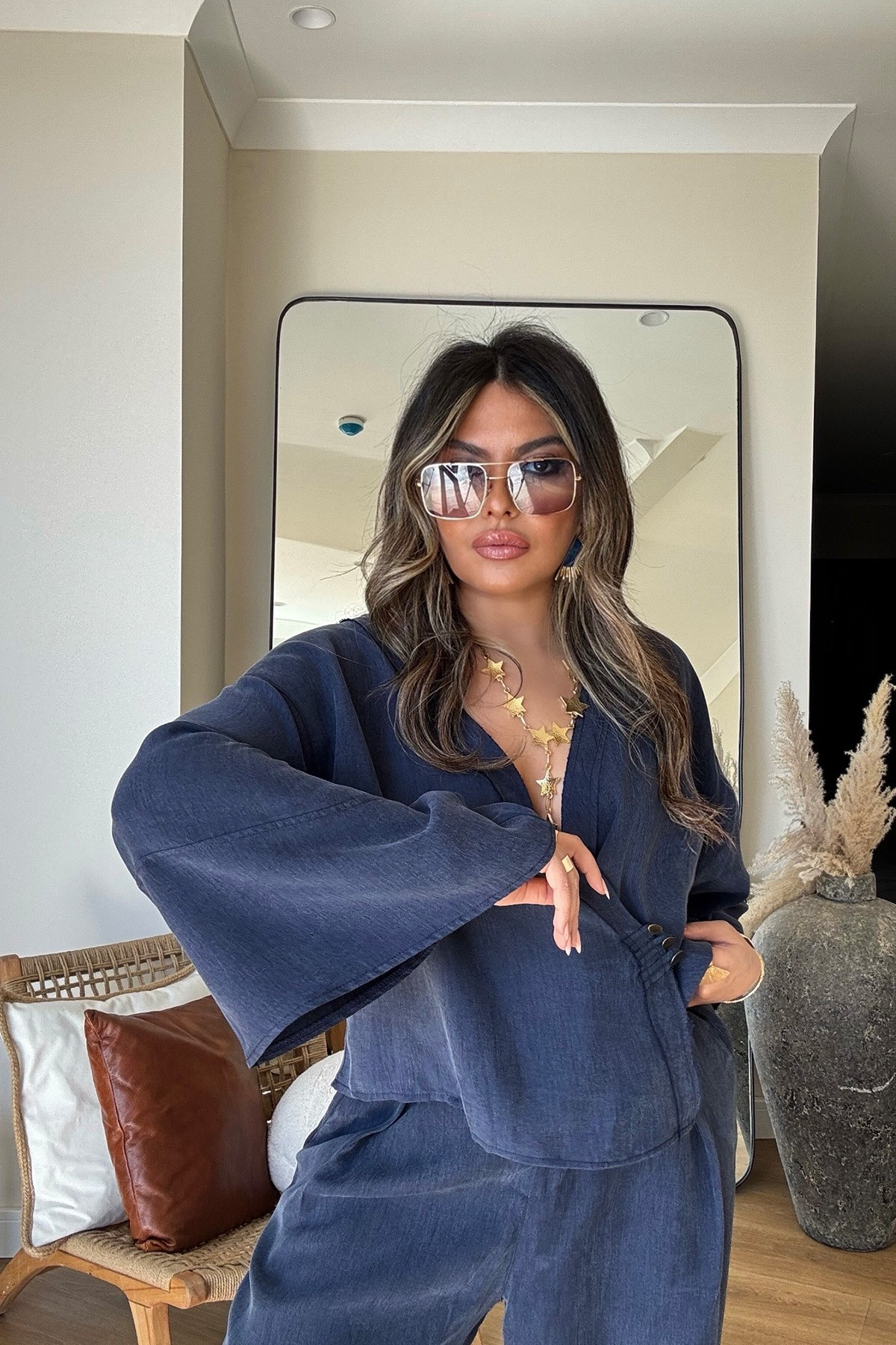 Massi Model Yıkamalı Kimono Model Takım Lacivert