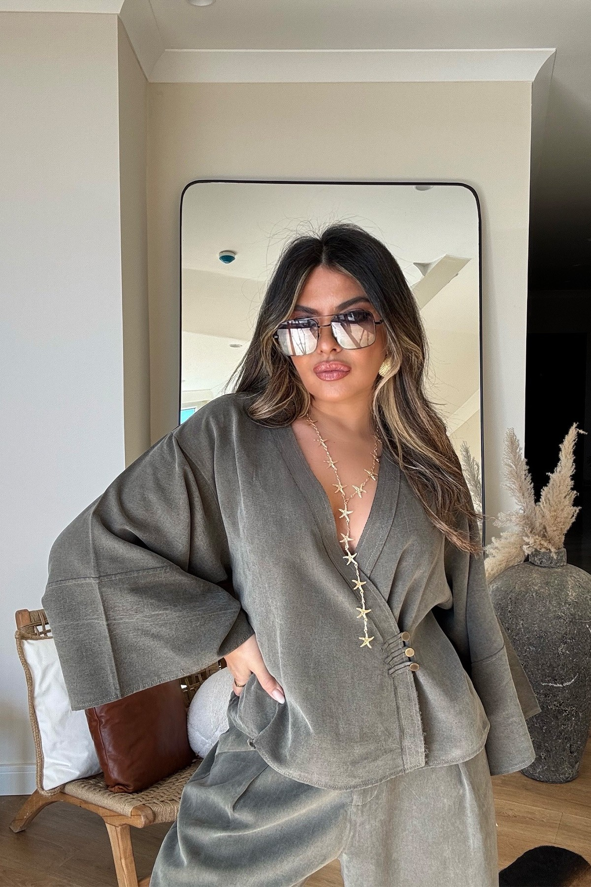 Massi Model Yıkamalı Kimono Model Takım Haki